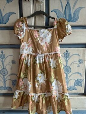 Janie and Jack Tan Floral Puff Sleeve Tiered Dress with Pink and White Blooms